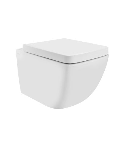 RIMLESS WALL HUNG WC WITH UF SOFT CLOSE SEAT COVER, HINGES,ACCESSORIES SET - ARTIZE SWARE - (WHITE - LE BLANC - 360x525x350 mm - 14.4inchX21inchX14inch)