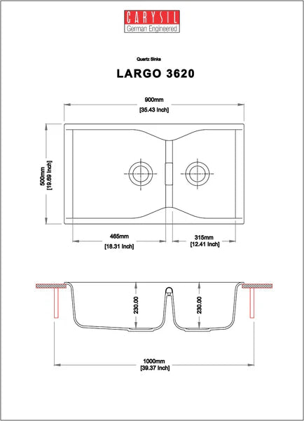 QUARTZ 2.0 BOWL W/O DRAIN BOARD (DEPTH 9INCH) - CARYSIL -  ( GRANITE SNOVA - LARGO - 900x500 mm - 36inchX20inch )