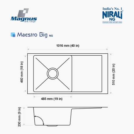 SS SINK 1.0 BOWL WITH DRAIN BOARD (DEPTH 9  ) MAESTRO BIG (1.2 MM THICKNESS) - NIRALI -  ( SATIN - MAGNUS PREMIUM RANGE - 1016x510 mm - 40inchX20inch )