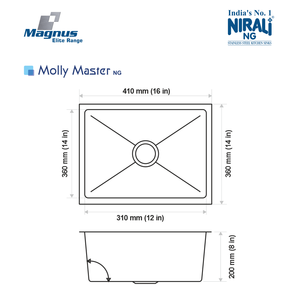 SS SINK 1.0 BOWL W/O DRAINBOARD (DEPTH 8INCH)MOLLY MASTER (1MM THICKNESS) - NIRALI -  ( SATIN - MAGNUS ELITE RANGE - 420x360 mm - 16inchX14inch )