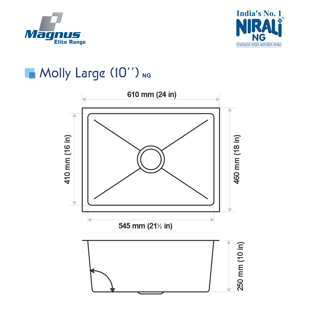SS SINK 1.0 BOWL W/O DRAINBOARD (DEPTH 10INCH)MOLLY LARGE (1MM THICKNESS) - NIRALI -  ( SATIN - MAGNUS ELITE RANGE - 610x460 mm - 24inchX18inch )