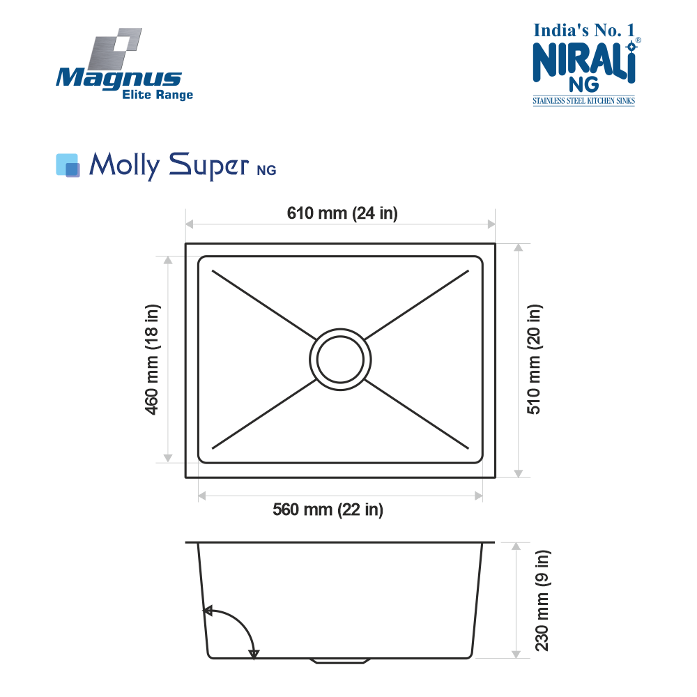 SS SINK 1.0 BOWL W/O DRAINBOARD (DEPTH 9INCH)MOLLY LARGE (1MM THICKNESS) - NIRALI -  ( SATIN - MAGNUS ELITE RANGE - 610x460 mm - 24inchX18inch )
