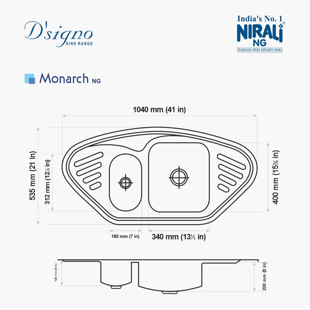 SS SINK 1.0 BOWL WITH DRAIN BOARD & VEG BOWL (DEPTH 8INCH)MONARCH - NIRALI -  ( SATIN - D SIGNO - 1040x535 mm - 41inchX21inch )