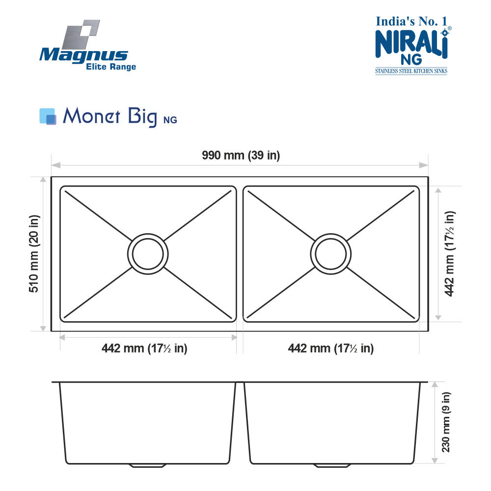 SS SINK 2.0 BOWL W/O DRAINBOARD ( DEPTH 9INCH )MONET BIG (1MM THICKNESS) - NIRALI -  ( SATIN - MAGNUS ELITE RANGE - 1005x510 mm - 40.2inchX20.4inch )