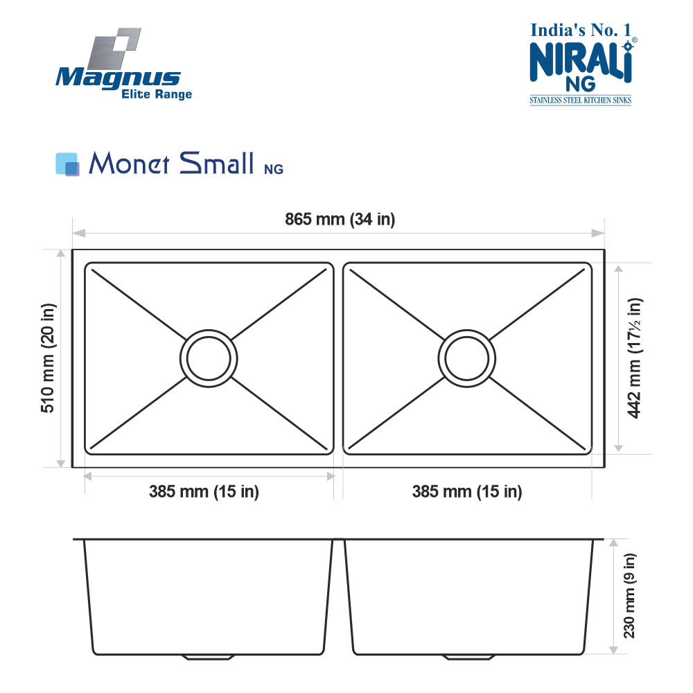 SS SINK 2.0 BOWL W/O DRAINBOARD (DEPTH 9INCH) MONET SMALL (1MM THICKNESS) - NIRALI -  ( SATIN - MAGNUS ELITE RANGE - 875x510 mm - 34inchX20inch )