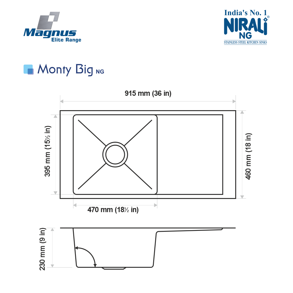 SS SINK 1.0 BOWL WITH DRAIN BOARD (DEPTH 9  ) MONTY BIG (1MM THICKNESS) - NIRALI -  ( SATIN - MAGNUS ELITE RANGE - 915x460 mm - 36inchX18inch )