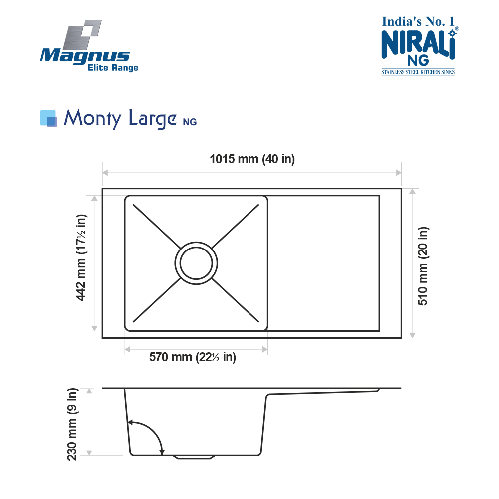 SS SINK 1.0 BOWL WITH DRAIN BOARD (DEPTH 9  ) MONTY LARGE (1MM THICKNESS) - NIRALI -  ( SATIN - MAGNUS ELITE RANGE - 1015x510 mm - 40inchX20inch )
