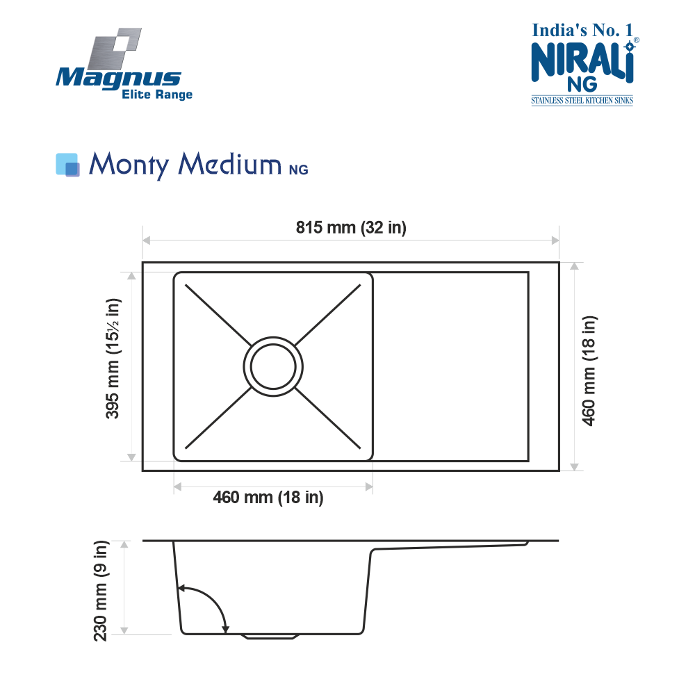 SS SINK 1.0 BOWL WITH DRAIN BOARD (DEPTH 9  ) MONTY MEDIUM (1MM THICKNESS) - NIRALI -  ( SATIN - MAGNUS ELITE RANGE - 815x460 mm - 32inchX18inch )