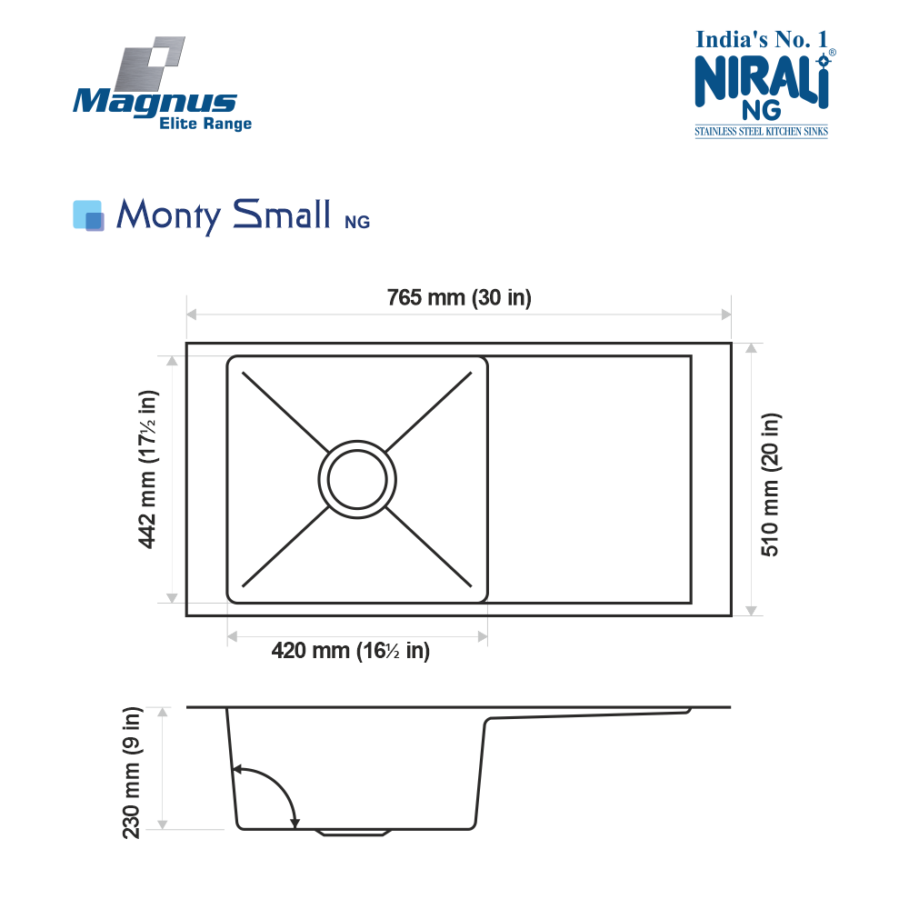 SS SINK 1.0 BOWL WITH DRAIN BOARD (DEPTH 9  ) MONTY SMALL (1MM THICKNESS) - NIRALI -  ( SATIN - MAGNUS ELITE RANGE - 765x510 mm - 30.6inchX20.4inch )