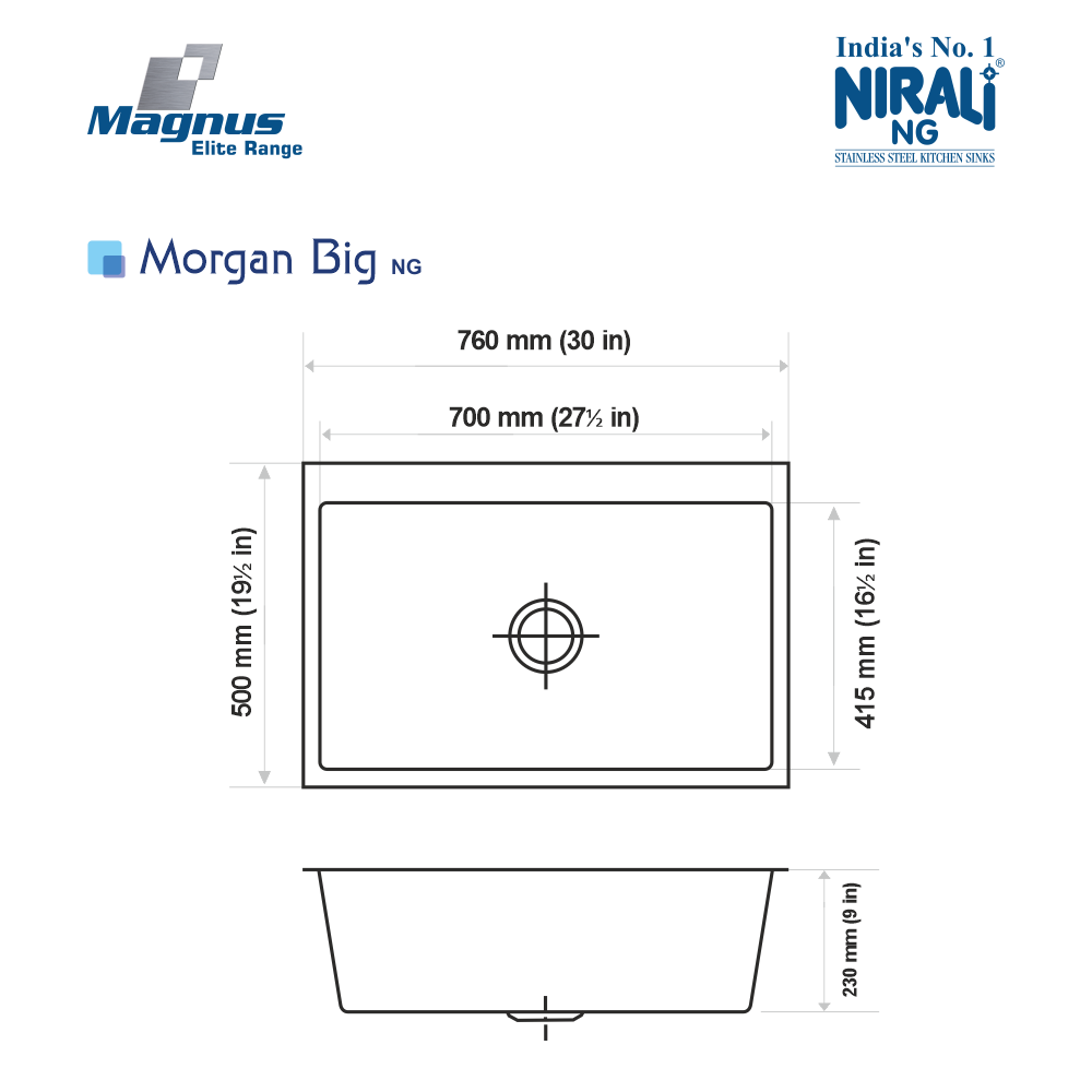 SS SINK 1.0 BOWL W/O DRAINBOARD (DEPTH 9INCH) MORGAN BIG (1MM THICKNESS) - NIRALI -  ( SATIN - MAGNUS ELITE RANGE - 760x500 mm - 30inchX19.5inch )
