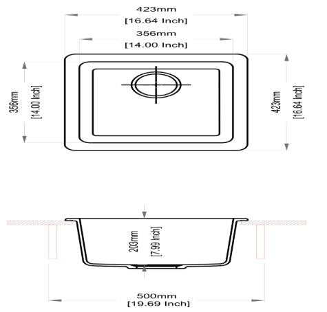 QUARTZ 1.0 BOWL W/O DRAIN BOARD (DEPTH 8INCH) - CARYSIL -  ( GRANITE METALLIC CROMA - NEO SALSA - 423x423 mm - 16.65inchX16.65inch )
