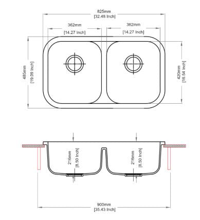 QUARTZ 2.0 BOWL W/O DRAIN BOARD (DEPTH 8INCH) - CARYSIL -  ( GRANITE METALLIC NERA - JUMBO - 825x485 mm - 32inchX19inch )