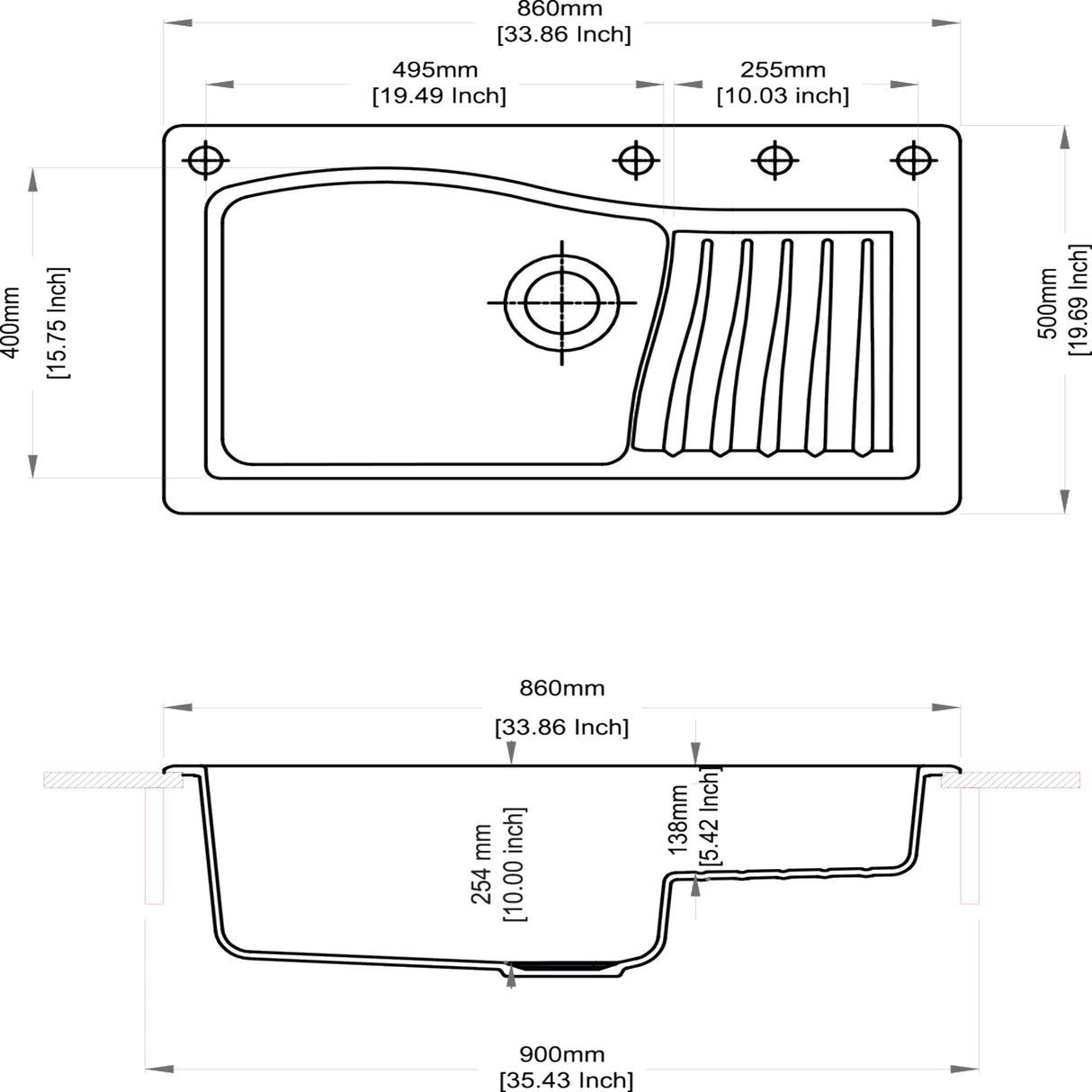 QUARTZ 1 BOWL W/SMALL DRAINBOARD (DEPTH 10INCH) - CARYSIL -  ( GRANITE CORNFLAKES - SWAN NEW ASCEND - 860x500 mm - 34inchX20inch )
