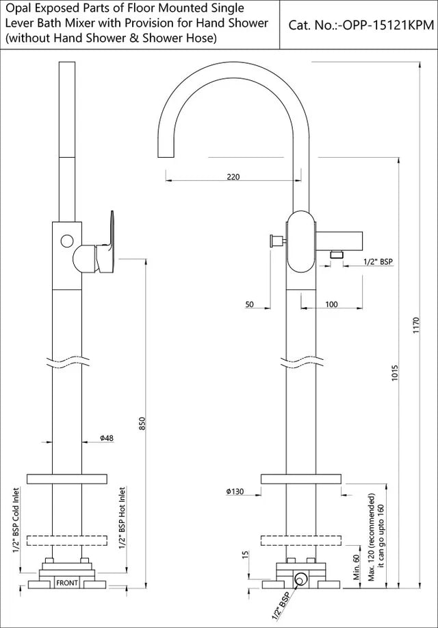 EXPOSED PARTS OF FLOOR MOUNTED SINGLE LEVER BATH MIXER - JAQUAR FAUCETS - ( BLUSH GOLD PVD - OPAL PRIME - 0x15 mm - 0inchX0.5inch )