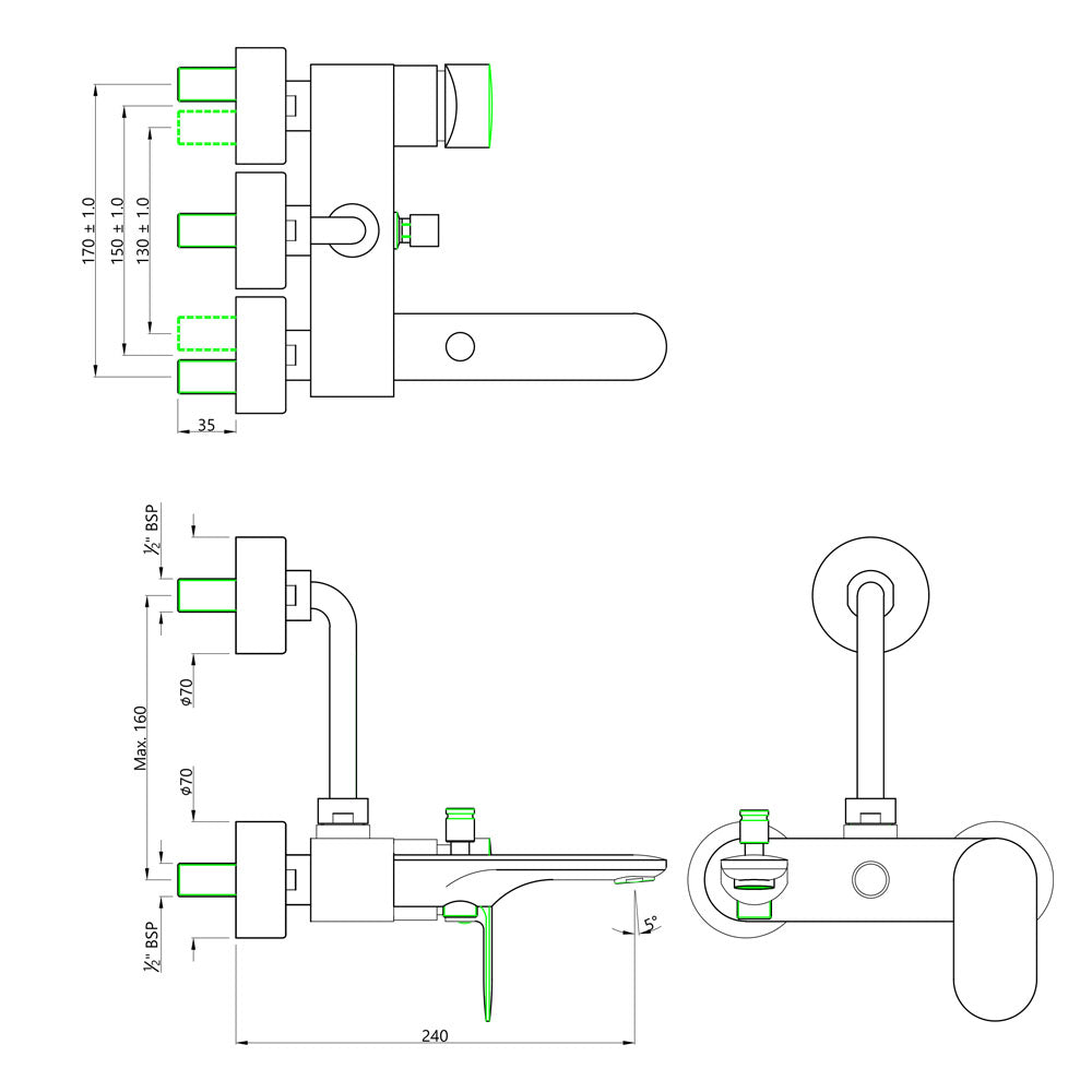 S.L. WALL MIXER 3 IN 1 - JAQUAR FAUCETS - ( BLACK MATT - OPAL PRIME - 0x15 mm - 0inchX0.5inch )