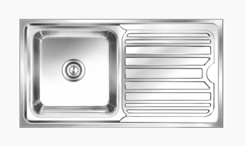 SS SINK 1 BOWL WITH DRAINBOARD (DEPTH 8INCH) OLYMPIA SMALL - NIRALI -  ( SATIN - SILENT SQUARE - 950x510 mm - 37.5inchX20inch )