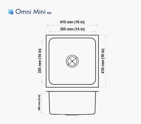 SS SINK 1.0 BOWL W/O DRAIN BOARD (DEPTH 8  )OMINI MINI - NIRALI -  ( SATIN - SILENT SQUARE - 410x410 mm - 16inchX16inch )
