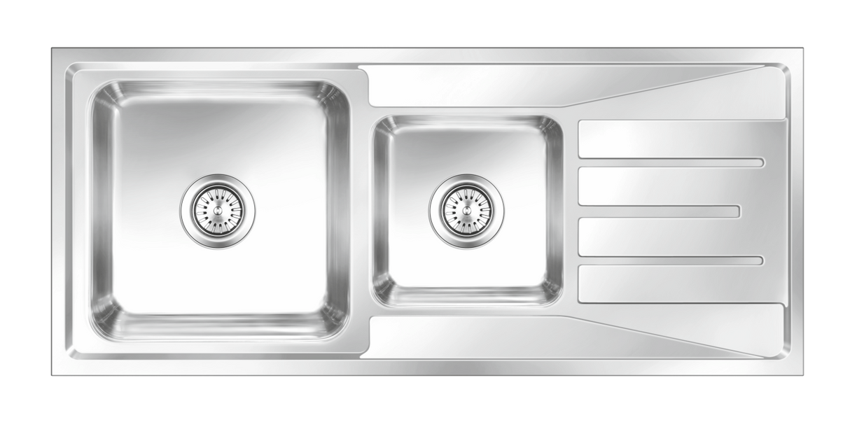 SS SINK 1.5 BOWL WITH DRAIN BOARD (DEPTH 9  )ORUS BIG - NIRALI -  ( SATIN - SILENT SQUARE - 1170x510 mm - 46inchX20inch )