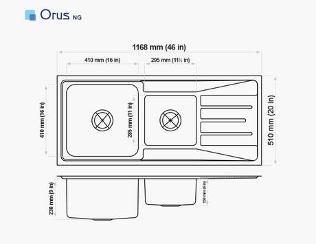 SS SINK 1.5 BOWL WITH DRAIN BOARD (DEPTH 9  )ORUS BIG - NIRALI -  ( SATIN - SILENT SQUARE - 1170x510 mm - 46inchX20inch )
