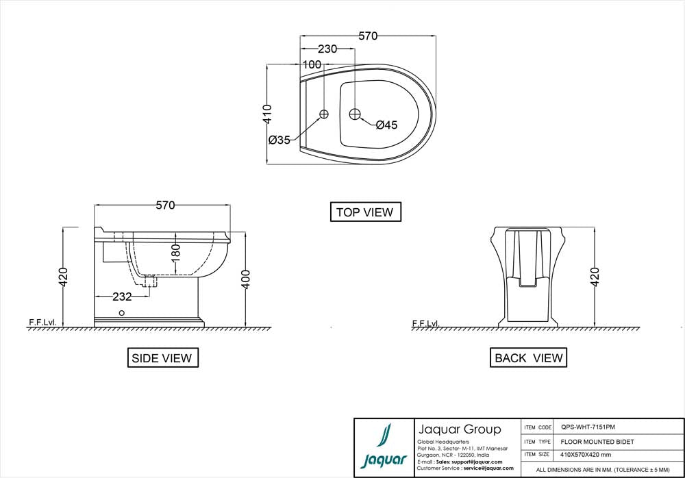 FLOOR MOUNTED BIDET W/FIXING ACCESSORIES - JAQUAR SWARE - ( WHITE - QUEENS PRIME - 410x570 mm - 16.4inchX22.8inch )
