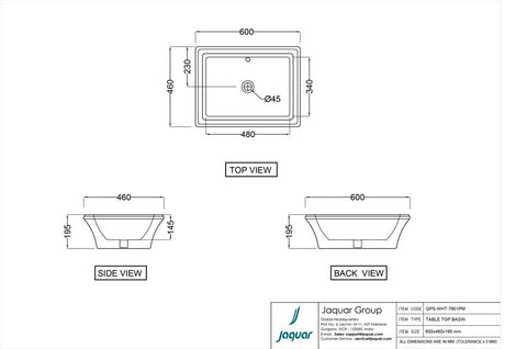 TABLE TOP BASIN, SIZE: 600x460x195 MM - JAQUAR SWARE -  ( WHITE -  - 600x460 mm - 24inchX18.4inch )