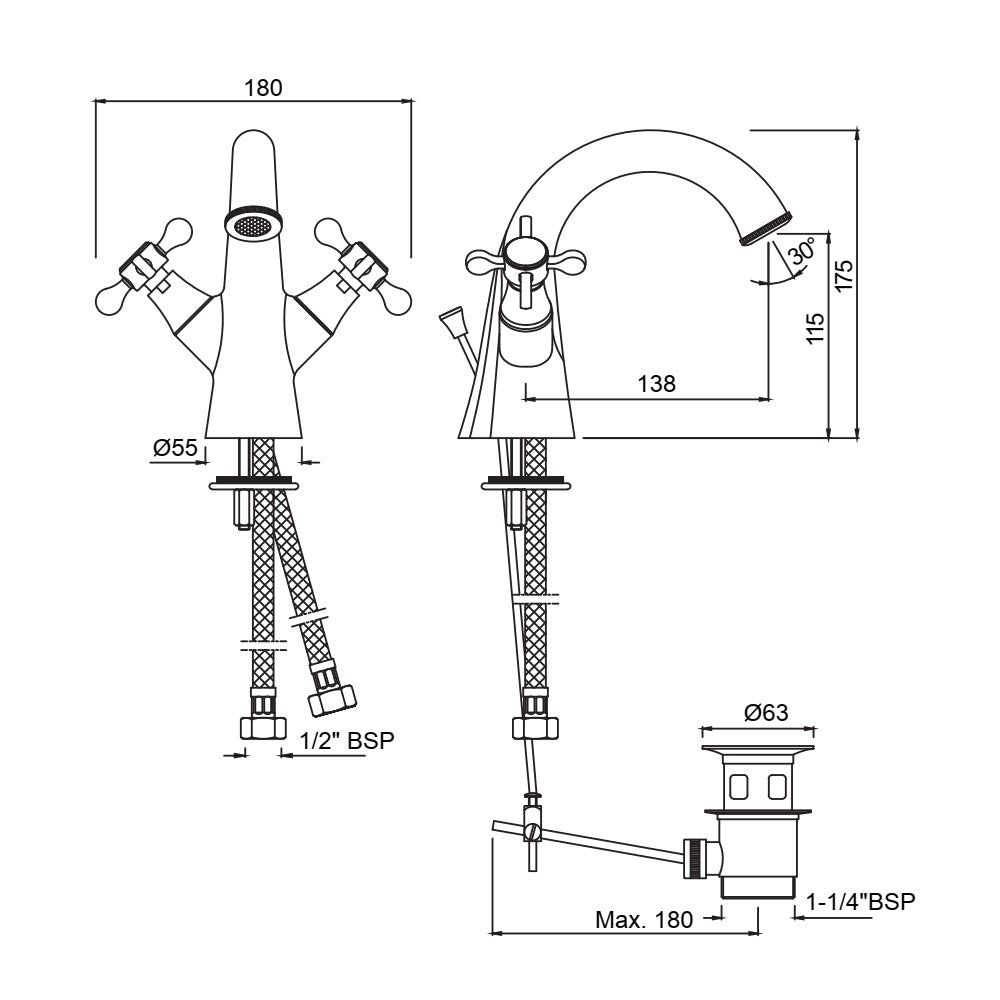 CENTRAL HOLE BASIN MIXER WITH POPUP WASTE SYSTEM - JAQUAR FAUCETS - ( ANTIQUE BRONZE - QUEENS PRIME - 0x15 mm - 0inchX0.5inch )