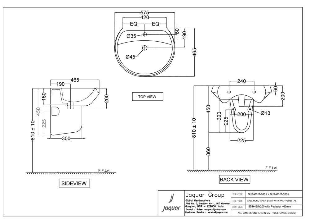 WASH BASIN WALL MOUNTED - JAQUAR SWARE - ( WHITE - SOLO - 530x440 mm - 21inchX17.5inch )