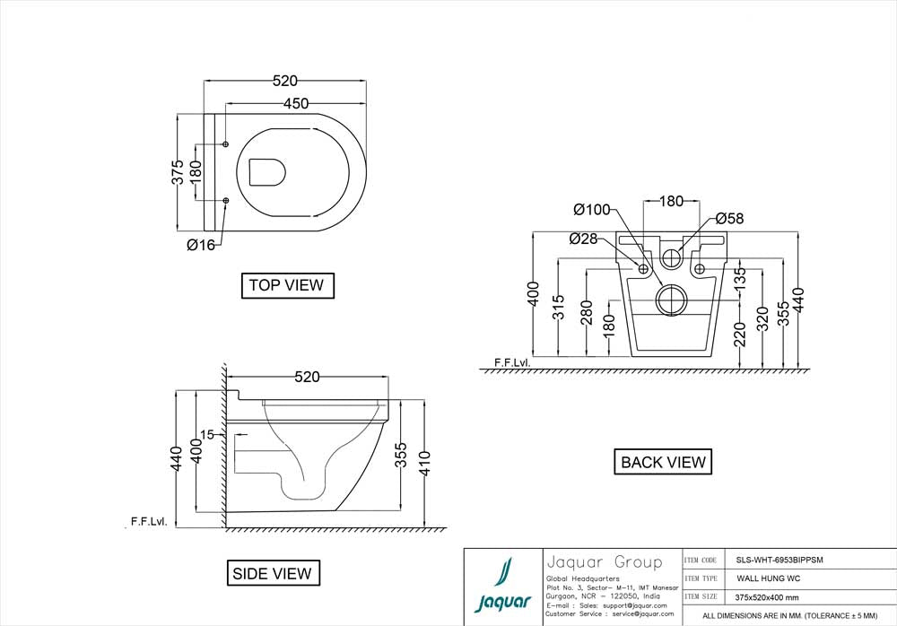 WALL HUNG WC RIMLESS W/PP/S.CLOSE S/CVR ( BOLT DISTANCE 7INCH) - JAQUAR SWARE -  (375x520x400 mm - 15x21x16 inch )