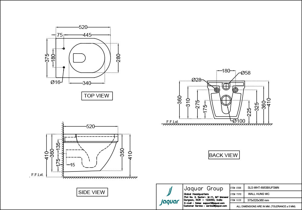 RIMLESS BLIND INSTALLATION WALL HUNG WC WITH UF SOFT CLOSE SLIN SEAT COVER , HINGES FIXING ACCESSORIES - JAQUAR SWARE -  ( WHITE - SOLO - 360x375x520 mm - 14.4inchx15inch )