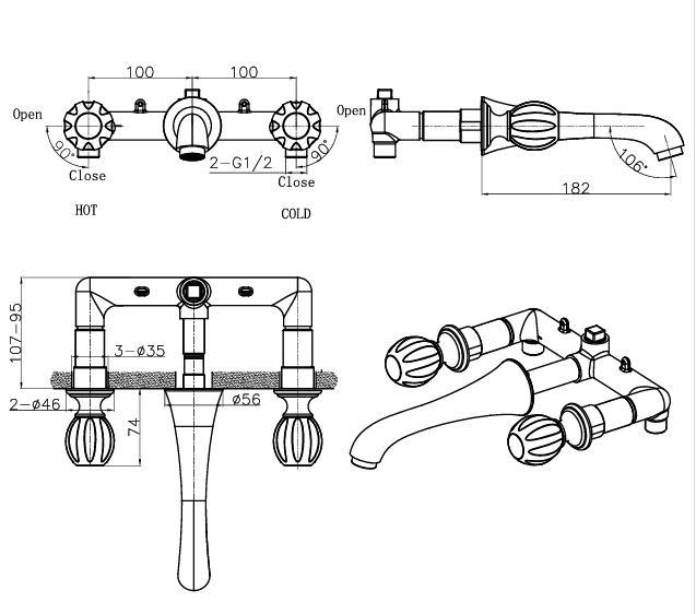 PRESTIGE COLLECTION 3/HOLE BRASS WALL MOUNTED BASIN MIXER W/AMBER GOLD HANDLES - AQUANT -  ( GLOSSY GOLD - PRESTIGE SERIES - 0x0 mm - 0inchx0inch )