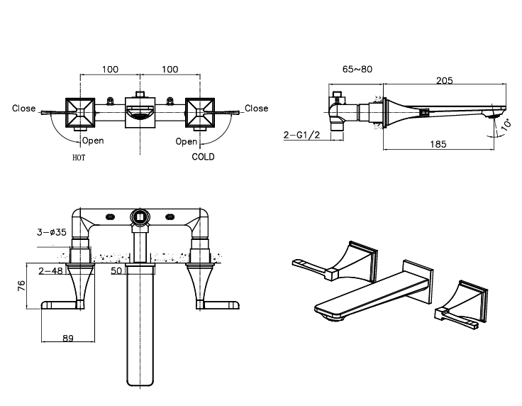 PRESTIGE COLLECTION 3/HOLE BRASS WALL MOUNTED BASIN MIXER -AQUANT-( BRUSHED ROSE GOLD - PRESTIGE SERIES - 0x0 mm - 0inchx0inch )