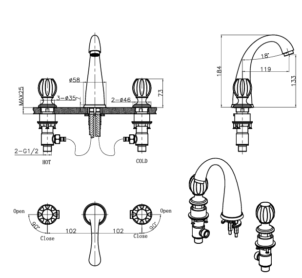 PRESTIGE COLLECTION 3/HOLE BRASS TABLE MOUNTED BASIN MIXER W/AMBER GOLD HANDLES - AQUANT -  ( GLOSSY GOLD - PRESTIGE SERIES - 0x0 mm - 0inchx0inch )