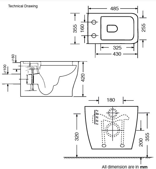 W/HUNG WC W/SLIM UF SEAT COVER ( BOLT DISTANCE 7INCH)-AQUANT-( WHITE-485x355x420 mm-19.4X14.2X16.8inch)
