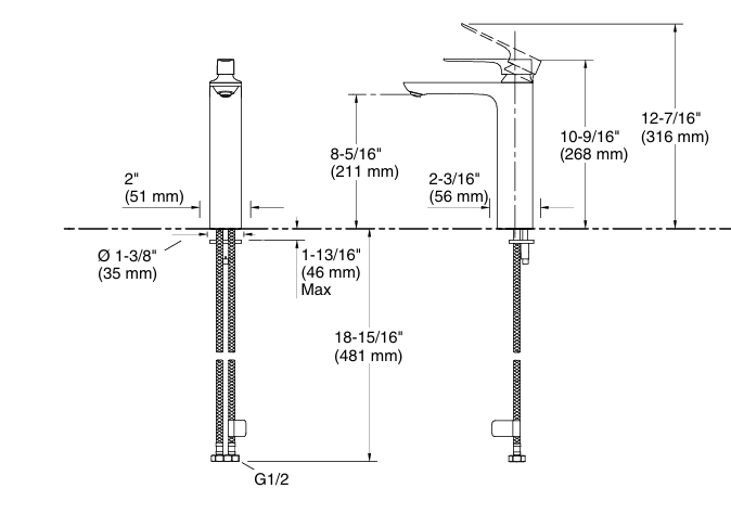 ALEO+-SL BASIN MIXER LONG W/PIPES-KOHLER PREMIUM-( MATT BLACK-PREMIUM - 0x15 mm - 0.5inchX0.6inch )