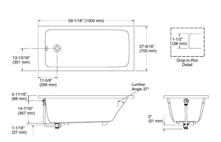 REACH ACRYLIC BATHTUB DROP-IN 1500MM - KOHLER PREMIUM-(WHITE - PREMIUM -1500X700mm-60inchx28inch )
