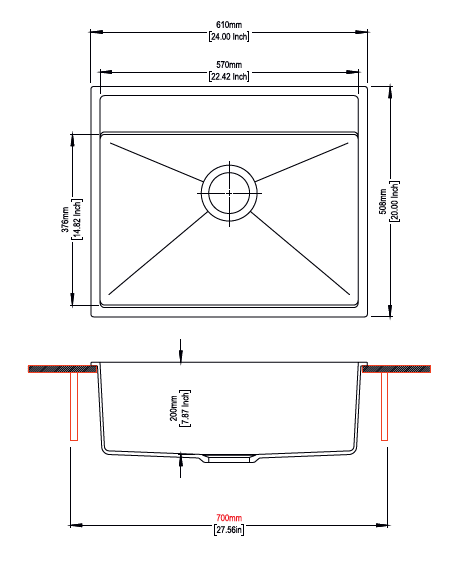 QUARTZ 1 BOWL W/O DRAIN BOARD (DEPTH 8INCH) - CARYSIL -  ( GRANITE METALLIC NERA - WALTZ 610 - 610x508 mm - 24inchX20inch )