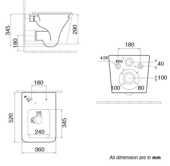 RIMLESS WALL HUNG WC WITH SOFT CLOSE UF SLIM SEAT COVER ( BOLT DISTANCE 7INCH) - AQUANT - ( ROYAL NAVY - - 520x350x345 mm - 20.8inchX14inchX13.8inch )