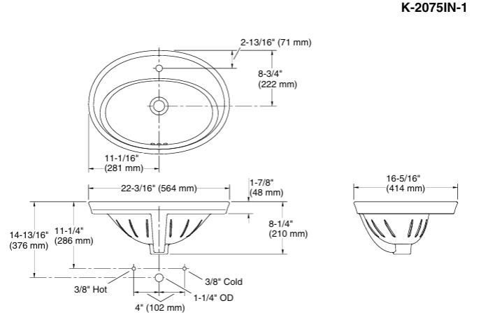 SELF RIMMING BASIN W/FAUCET HOLE - KOHLER POPULAR - ( WHITE - POPULAR - 563x414 mm - 22.5inchX16.5inch )