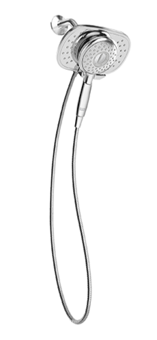 Chrome shower head with flexible hose on a white background