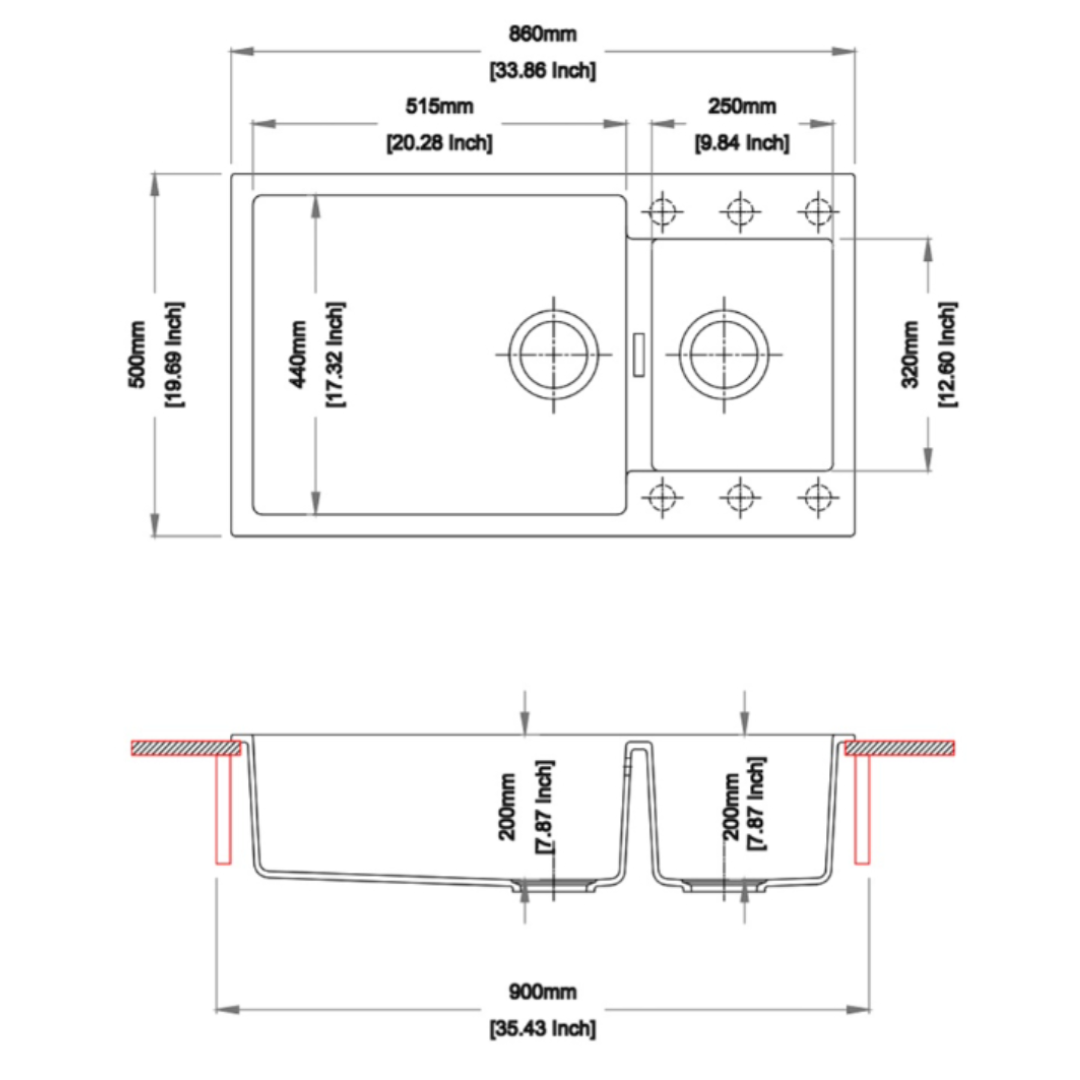 QUARTS 1.5 BOWL W/O DRAIN BOARD (DEPTH.8INCH) - CARYSIL -  ( GRANITE Metallic EXPRESSO - ENIGMA - 860x500 mm - 34inchX20inch )