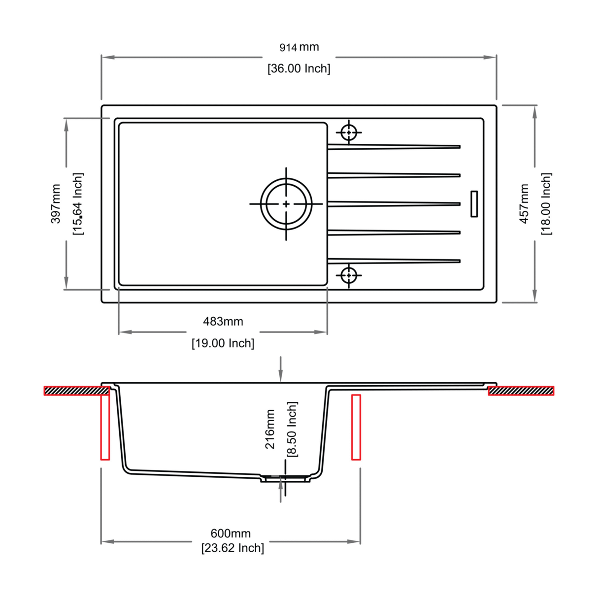 QUARTZ 1.0 BOWL WITH DRAINBOARD(DEPTH 8INCH) - CARYSIL -  ( GRANITE SNOVA - VIVALDI - 914.4x457.2 mm - 36inchX18inch )