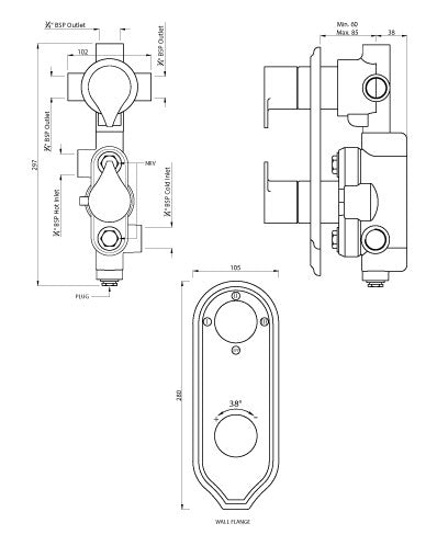 CONC.THERMO SET 2IN 3OUT+1FREE W/SHUTOFF - ARTIZE FAUCET -  ( CHROME - TIARA - 0x20 mm - 0inchX0.75inch )