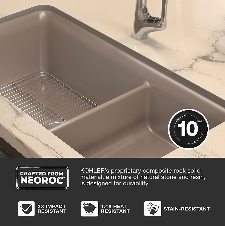 CAIRN NEOROC QUARTZ UNDERMOUNT DOUBLE OFFSET SINK W/RACK - KOHLER LUXURY - (MATTE TAUPE - LUXURY - 851x465 mm - 34inchX18.6inch)
