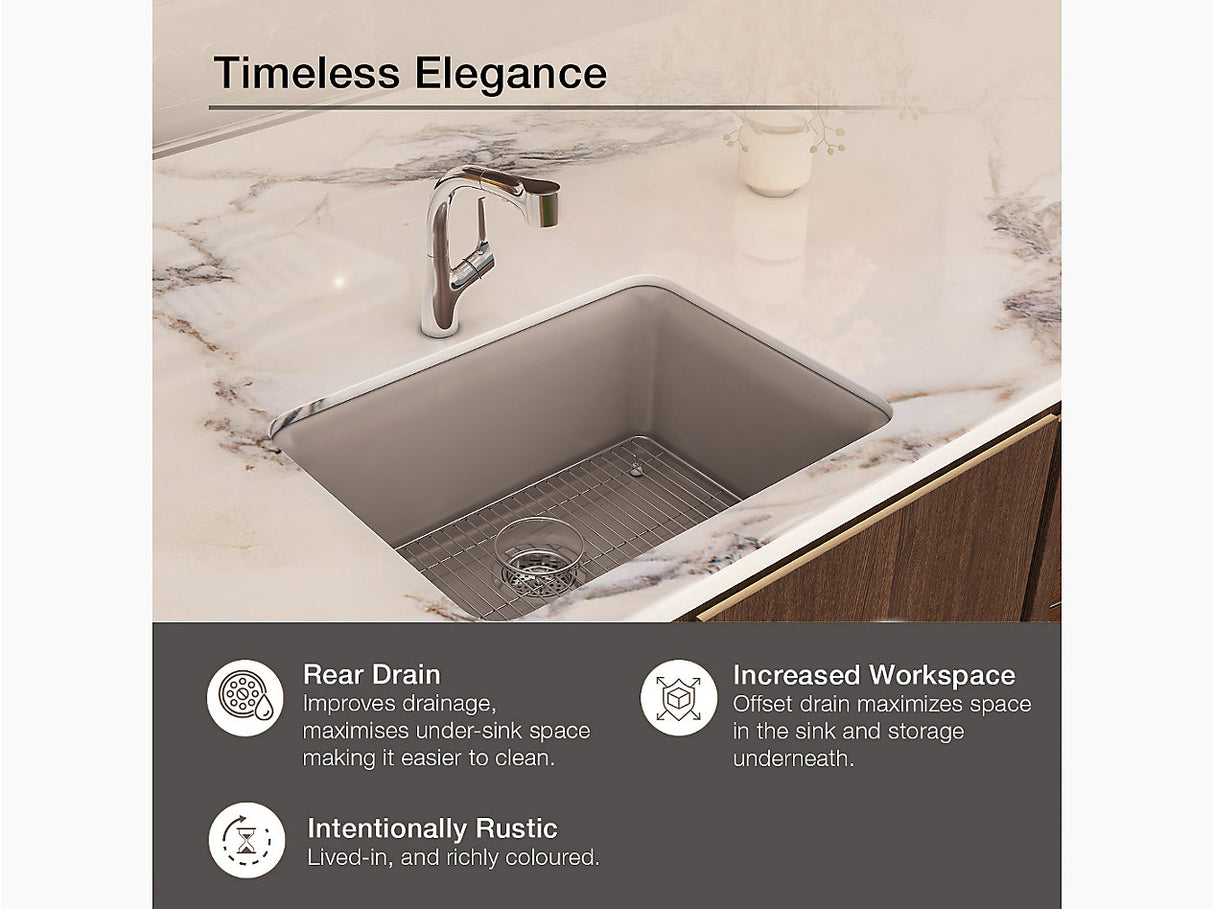 CAIRN 24INCH NEOROC QUARTZ UNDERMOUNT SINGLE BASIN W/RACK - KOHLER LUXURY - ( MATTE TAUPE - LUXURY - 622x465 mm - 24.8inchX18.6inch )