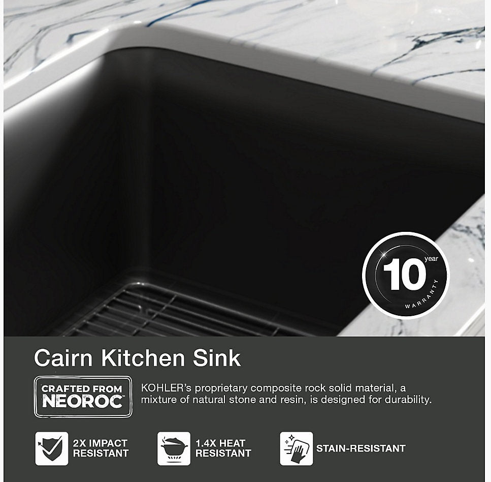 CAIRN 24INCH NEOROC QUARTZ UNDERMOUNT SINGLE BASIN W/RACK - KOHLER LUXURY - ( MATTE GRAPHITE - LUXURY - 622x465 mm - 24.8inchX18.6inch )
