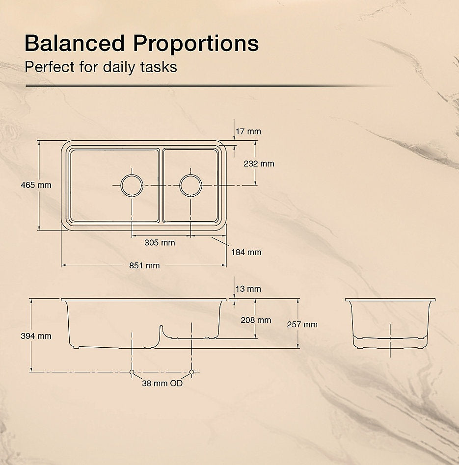CAIRN NEOROC QUARTZ UNDERMOUNT DOUBLE OFFSET SINK W/RACK - KOHLER LUXURY - ( MATTE GRAPHITE - LUXURY - 851x465 mm - 34inchX18.6inch )