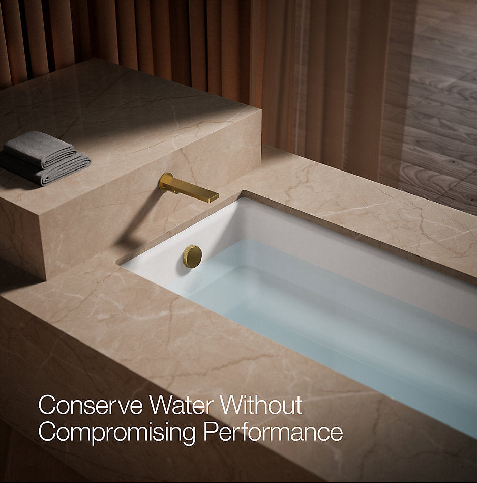 Modern bathroom sink with gold faucet and text 'Conserve Water Without Compromising Performance'.
