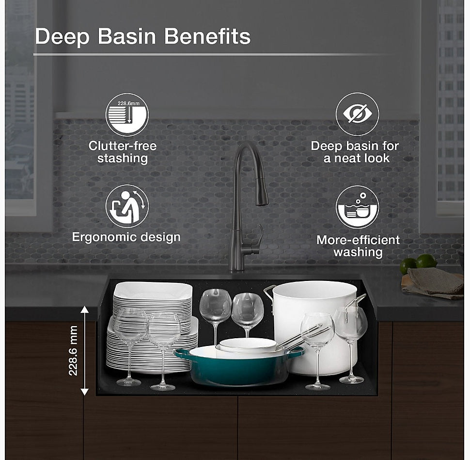 CAIRN 24INCH NEOROC QUARTZ UNDERMOUNT SINGLE BASIN W/RACK - KOHLER LUXURY - ( MATTE GRAPHITE - LUXURY - 622x465 mm - 24.8inchX18.6inch )