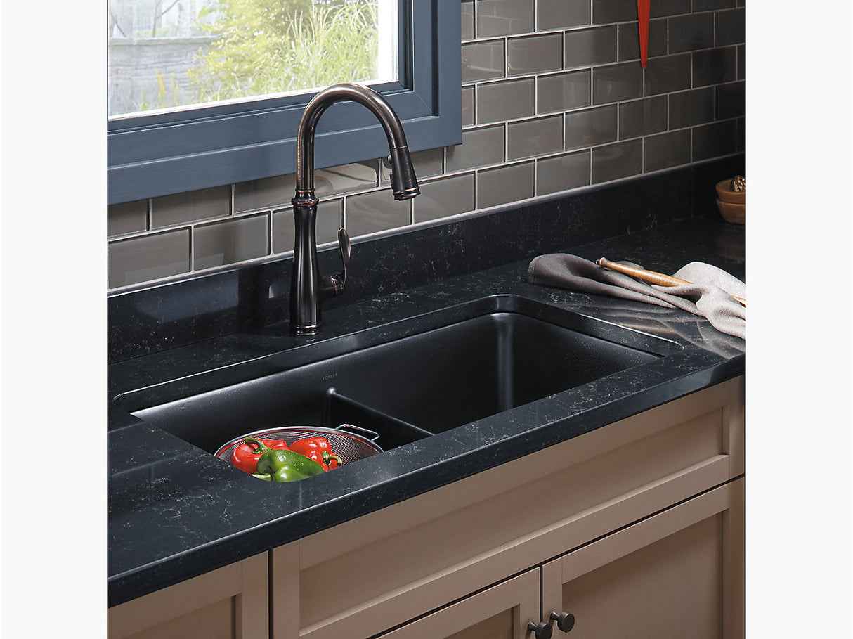 CAIRN NEOROC QUARTZ UNDERMOUNT DOUBLE EQUAL SINK W/RACK - KOHLER LUXURY - ( MATTE BLACK - LUXURY - 851x465 mm - 34inchX18.6inch )