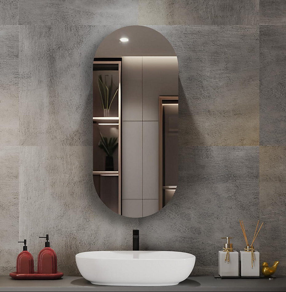 Bathroom setting with a mirror, sink, and decorative items on a textured wall.